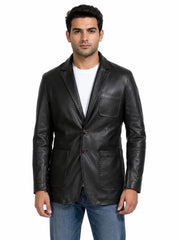 Men's black sheepskin leather blazer, front view