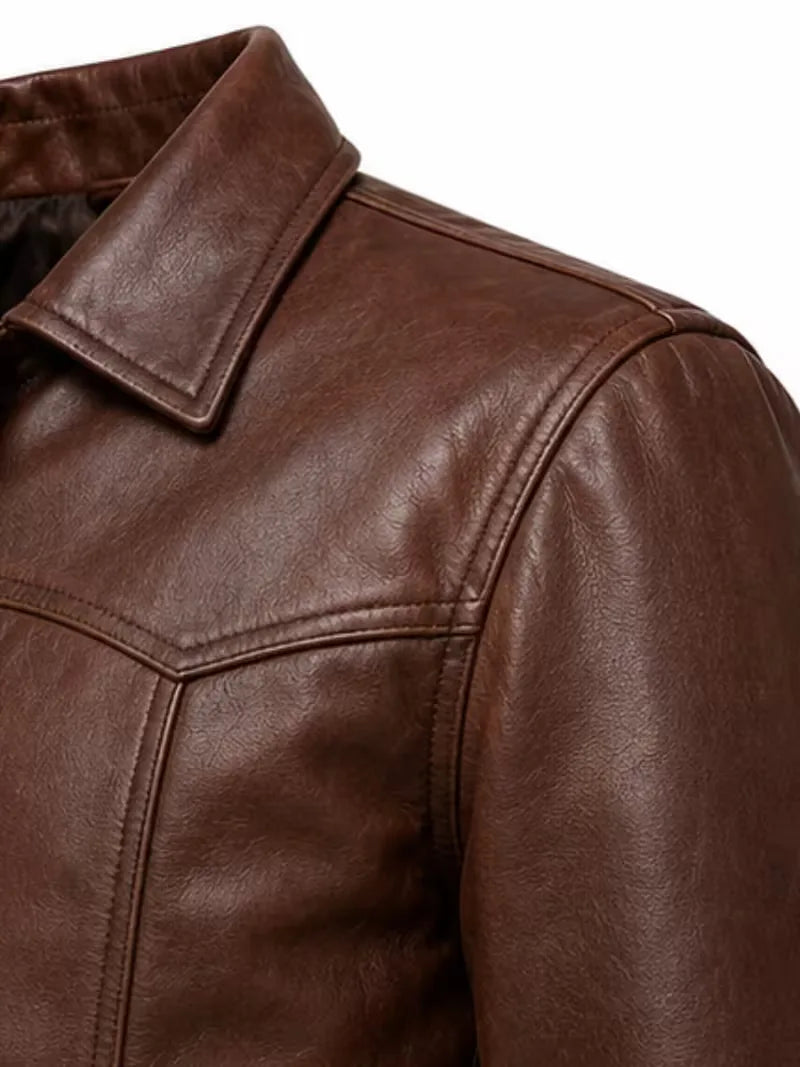 Men's brown sheepskin leather shirt jacket, cuff detail