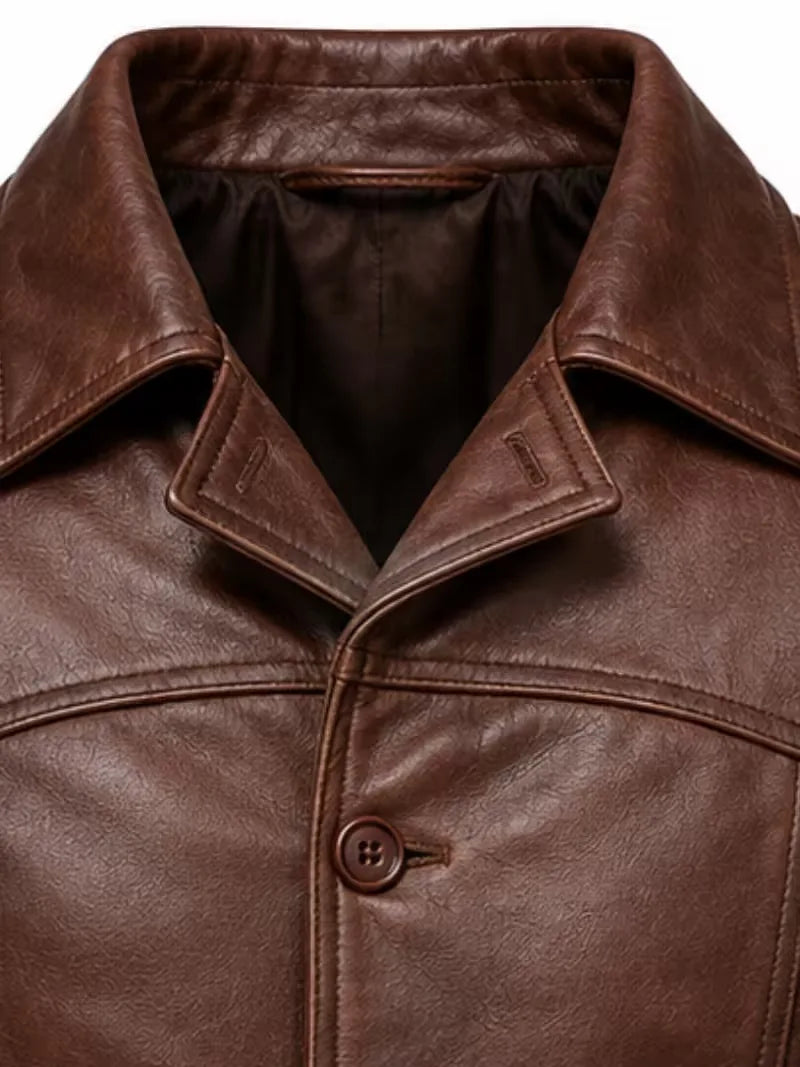Men's brown sheepskin leather shirt jacket, zip and closure detail