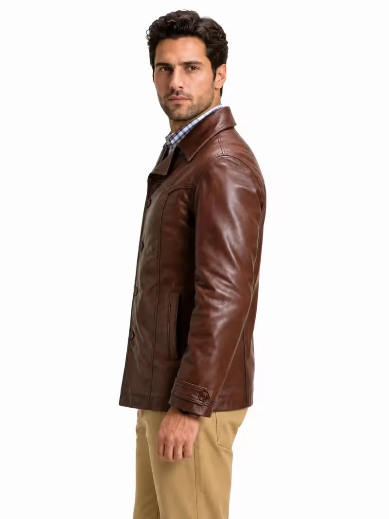 Men's brown sheepskin leather shirt jacket, collar detail