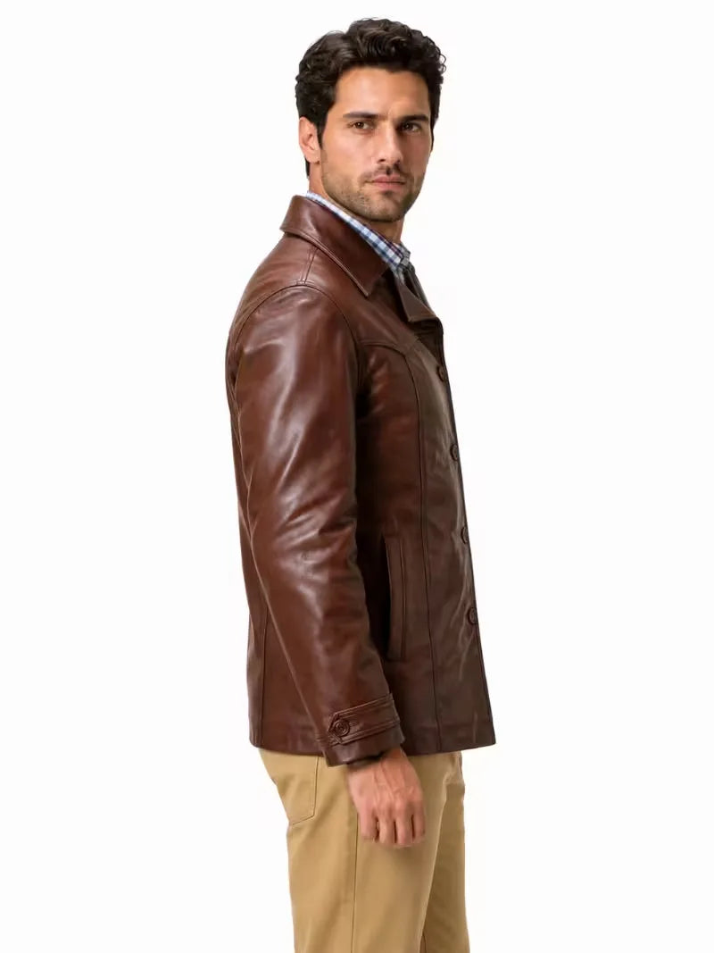 Men's brown sheepskin leather shirt jacket, side view