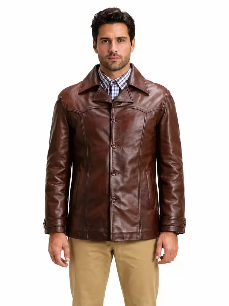 Men's brown sheepskin leather shirt jacket, front view