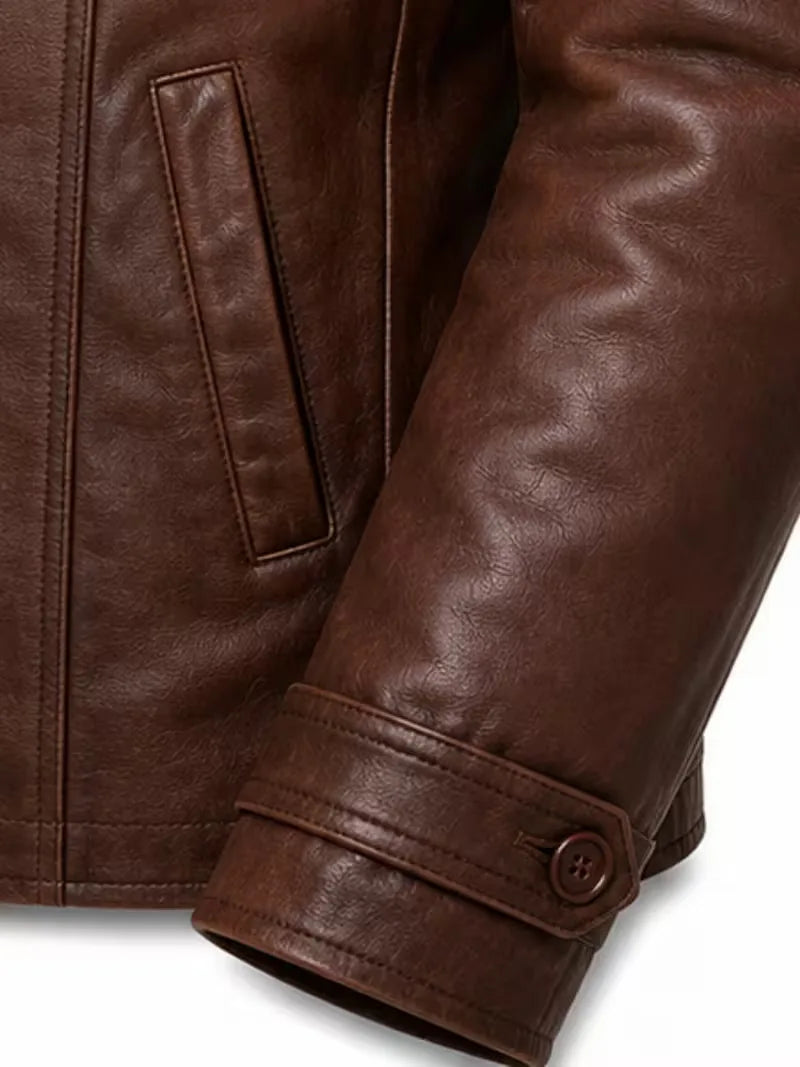 Men's brown sheepskin leather shirt jacket, lining detail