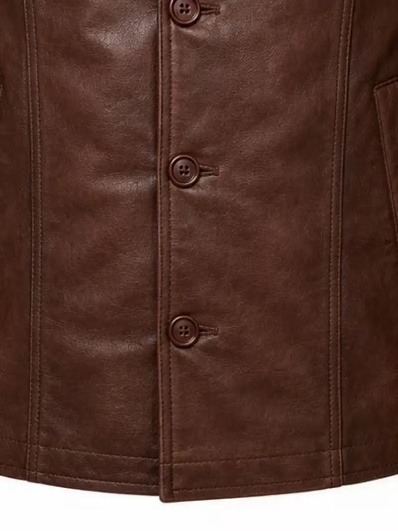 Men's brown sheepskin leather shirt jacket, pocket detail