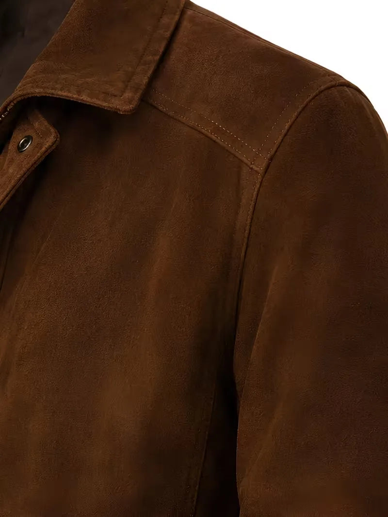 Men's brown premium suede leather coat, cuff detail