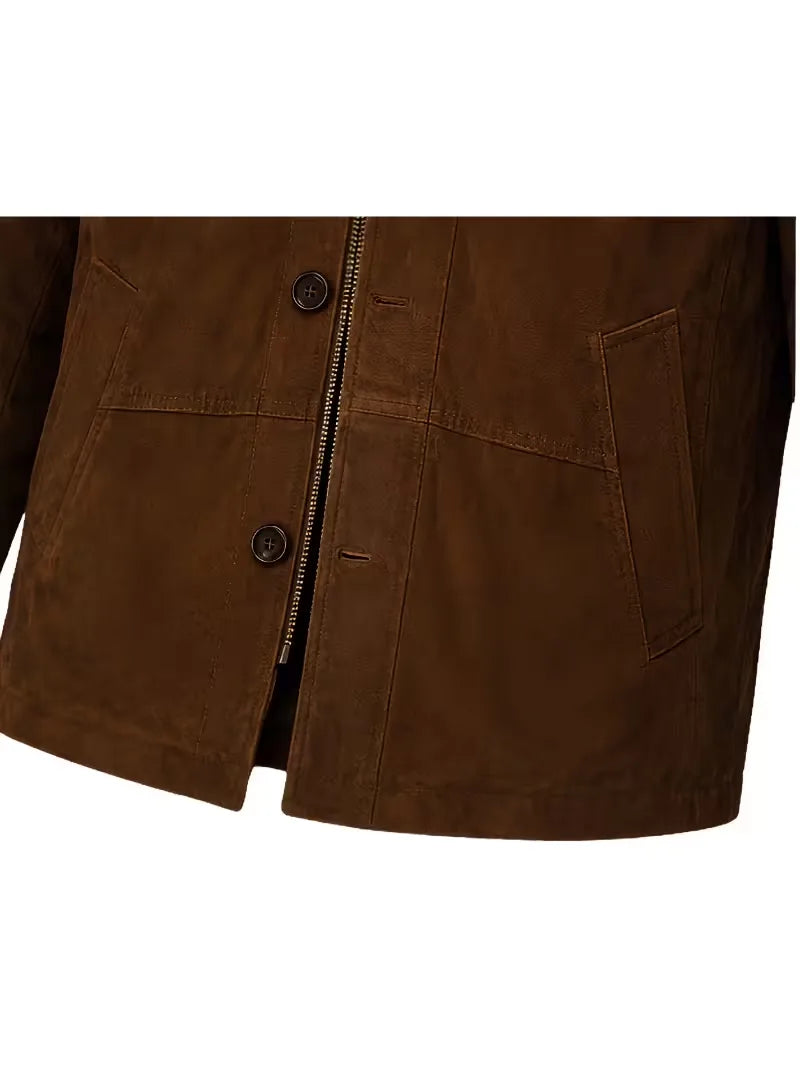 Men's brown premium suede leather coat, pocket detail