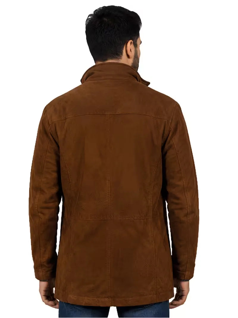 Men's brown premium suede leather coat, back view