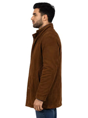 Men's brown premium suede leather coat, collar detail