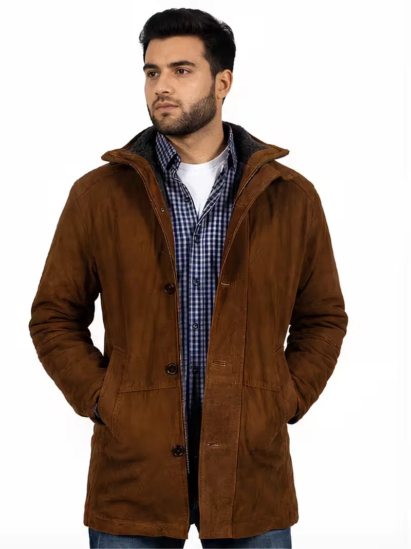 Men's brown premium suede leather coat, front view