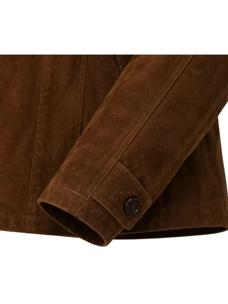 Men's brown premium suede leather coat, lining detail