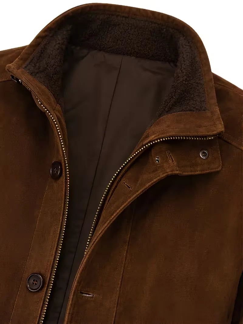 Men's brown premium suede leather coat, zip and closure detail