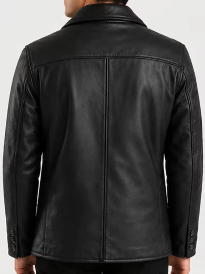 Men's brown sheepskin leather coat, zip and closure detail