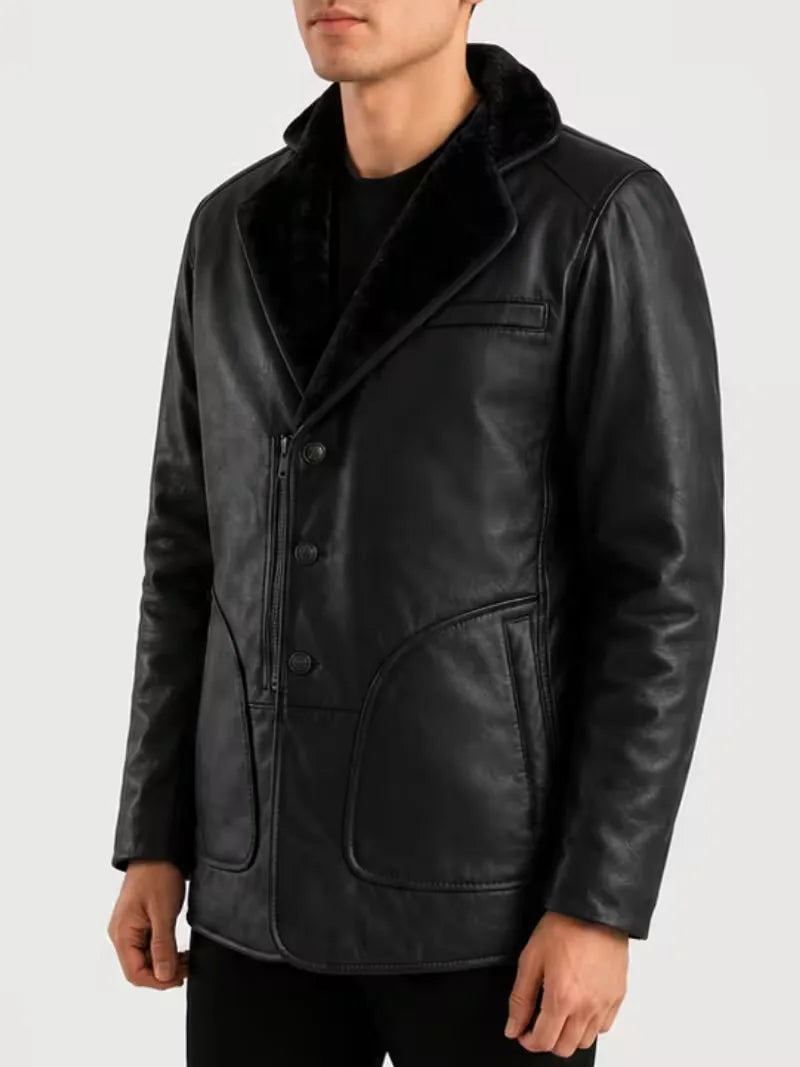 Men's brown sheepskin leather coat, collar detail