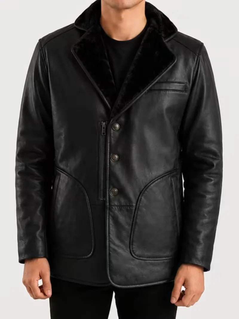 Men's brown sheepskin leather coat, side view