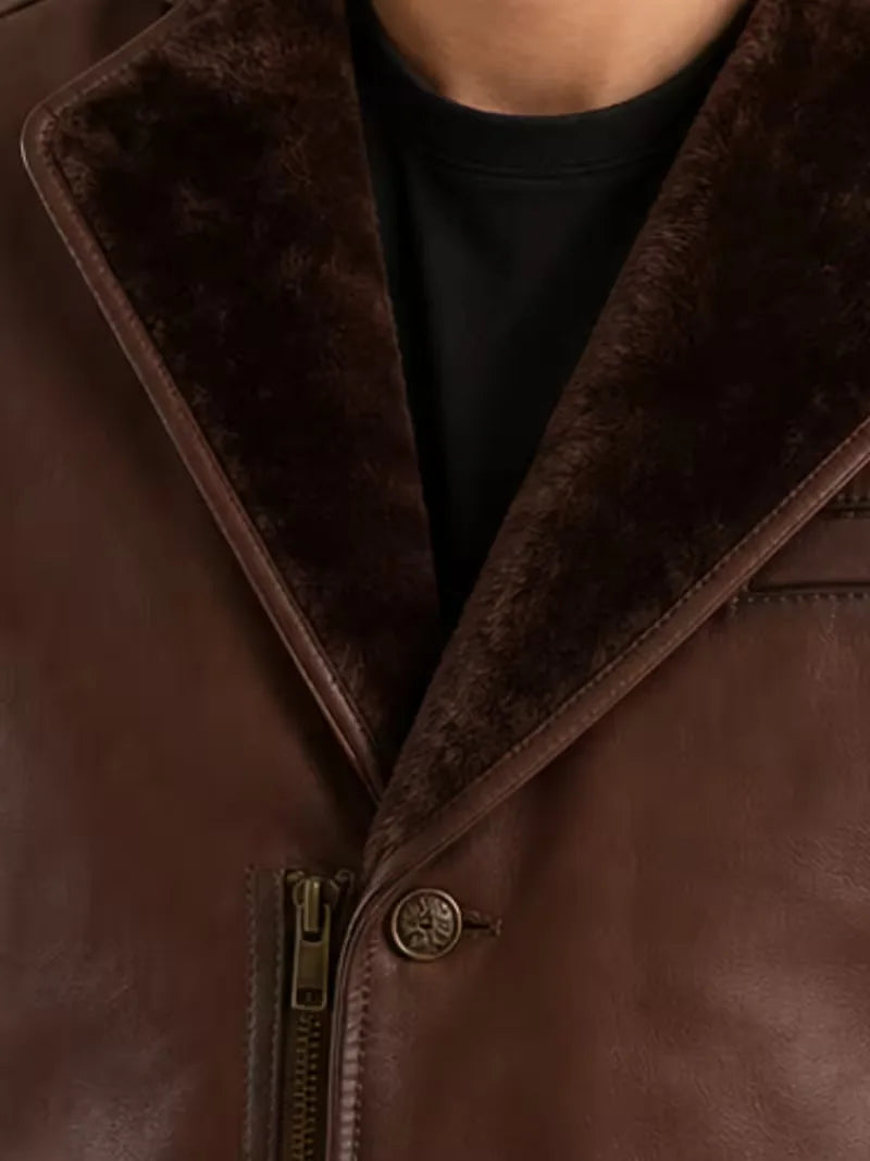Men's brown sheepskin leather coat, back view