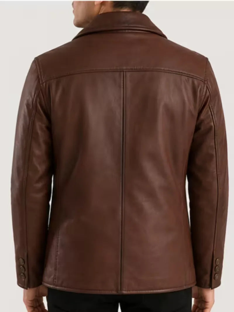 Men's brown sheepskin leather coat, front view