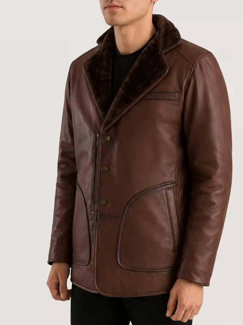 Men's brown sheepskin leather coat, worn on model