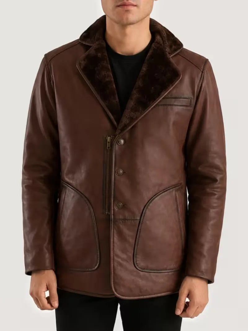 Men's brown sheepskin leather coat, full length