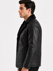 Men's brown sheepskin leather coat, collar detail