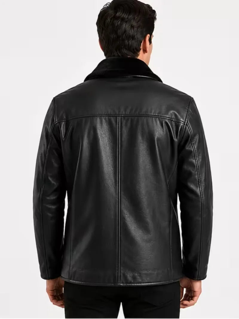 Men's brown sheepskin leather coat, back view