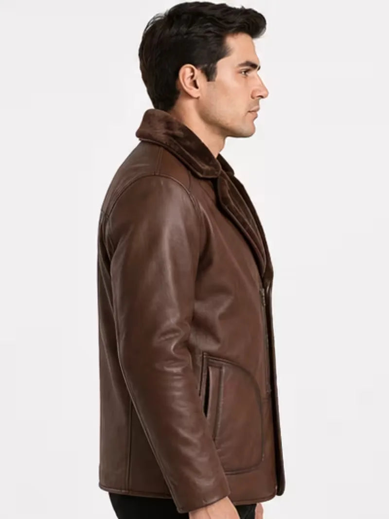 Men's brown sheepskin leather coat, pocket detail