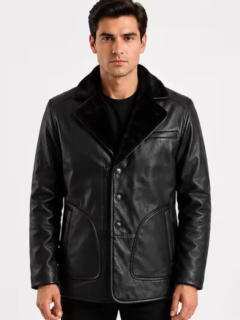 Men's brown sheepskin leather coat, front view