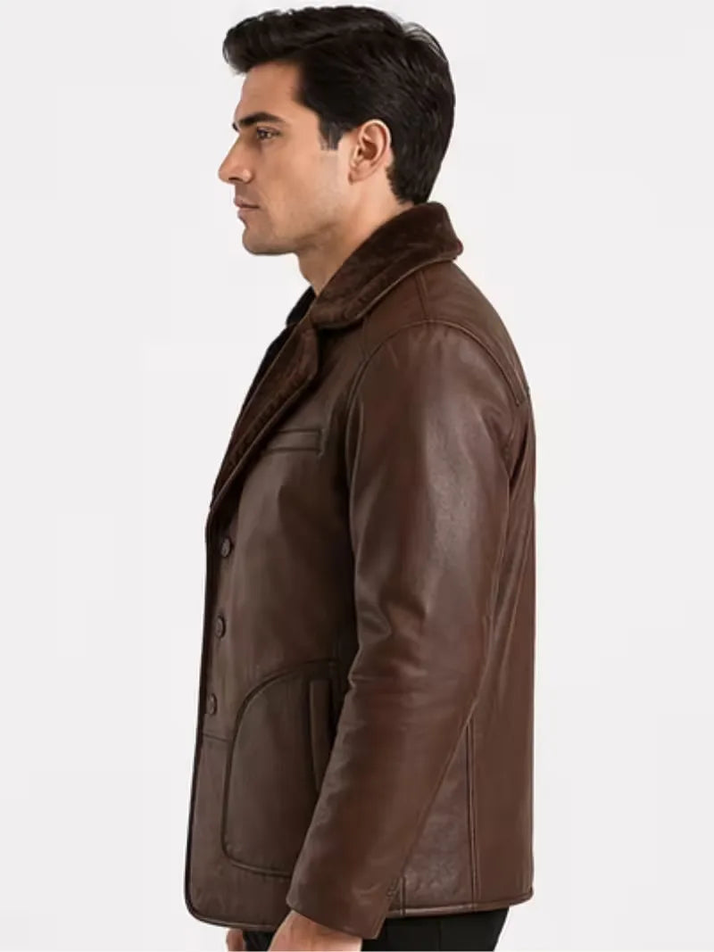 Men's brown sheepskin leather coat, lining detail
