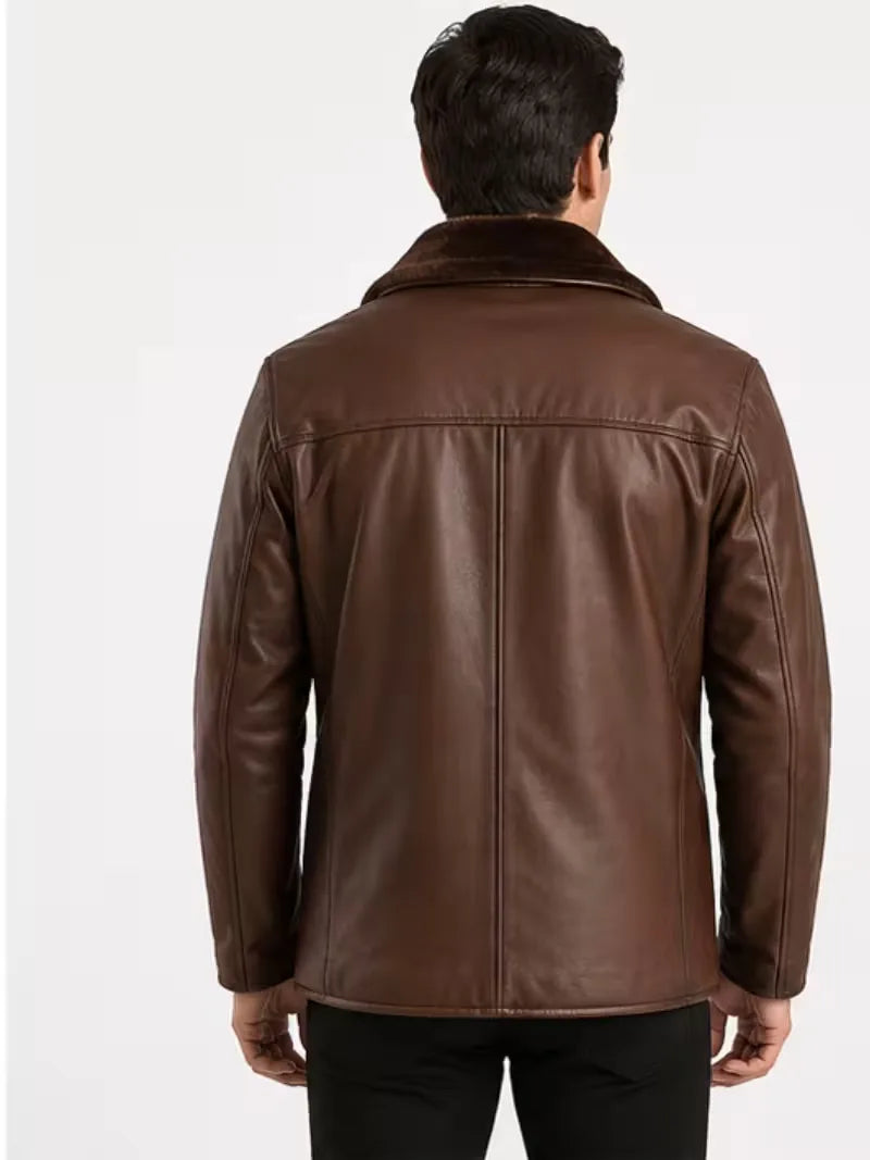 Men's brown sheepskin leather coat, cuff detail