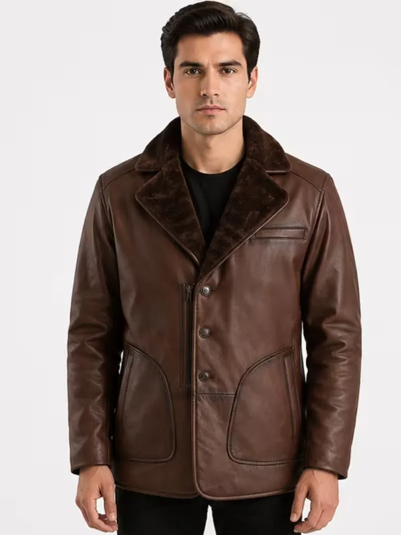 Men's brown sheepskin leather coat, zip and closure detail