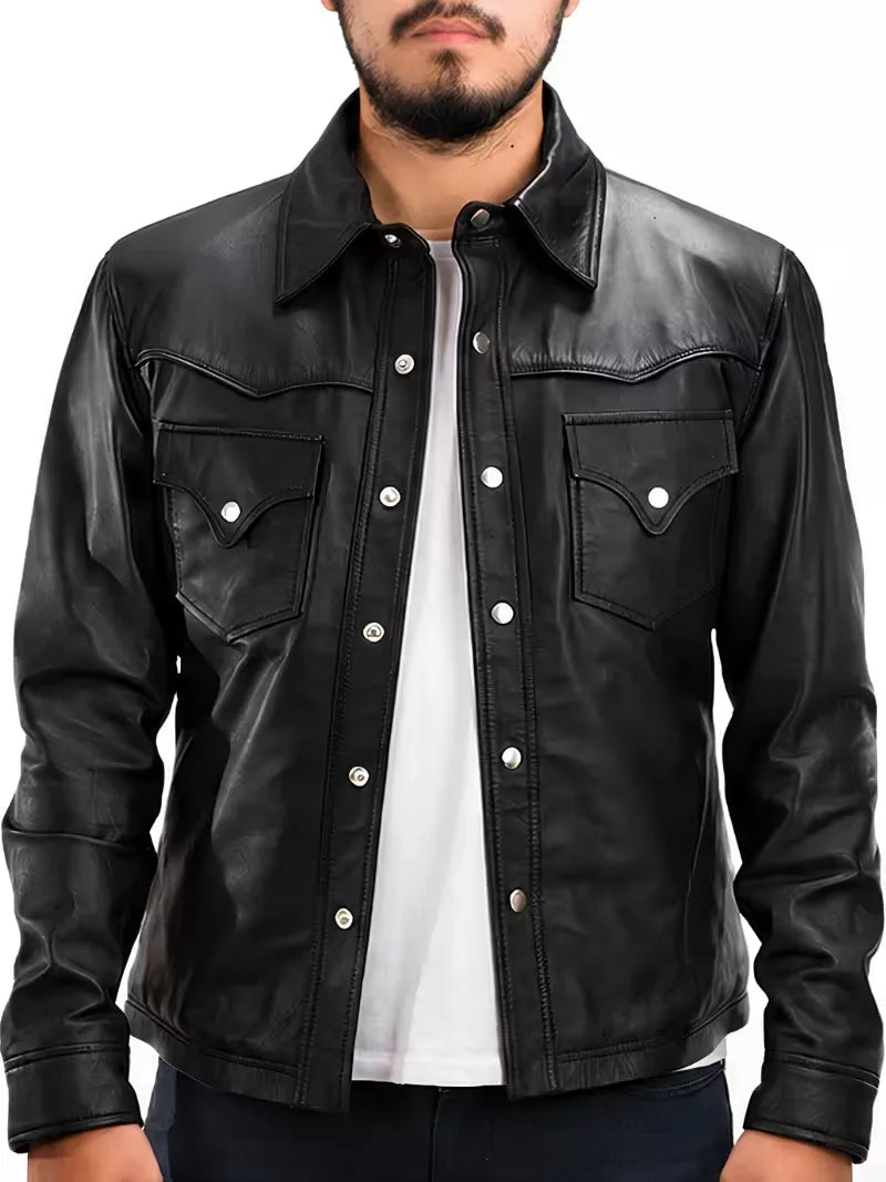 Men's black sheepskin leather shirt jacket, full length