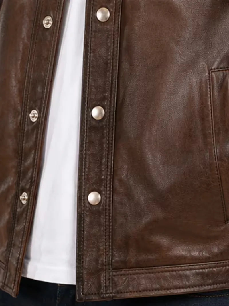 Men's black sheepskin leather shirt jacket, zip and closure detail