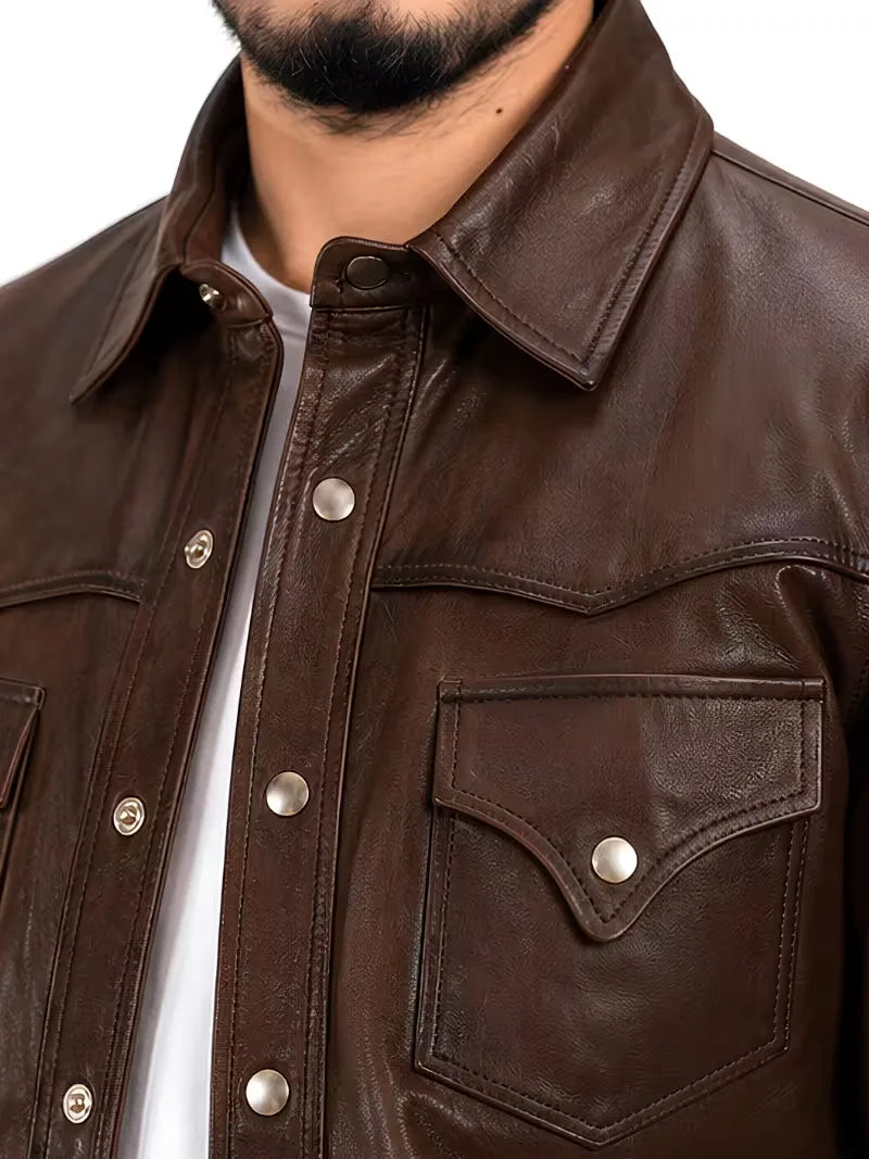 Men's black sheepskin leather shirt jacket, collar detail