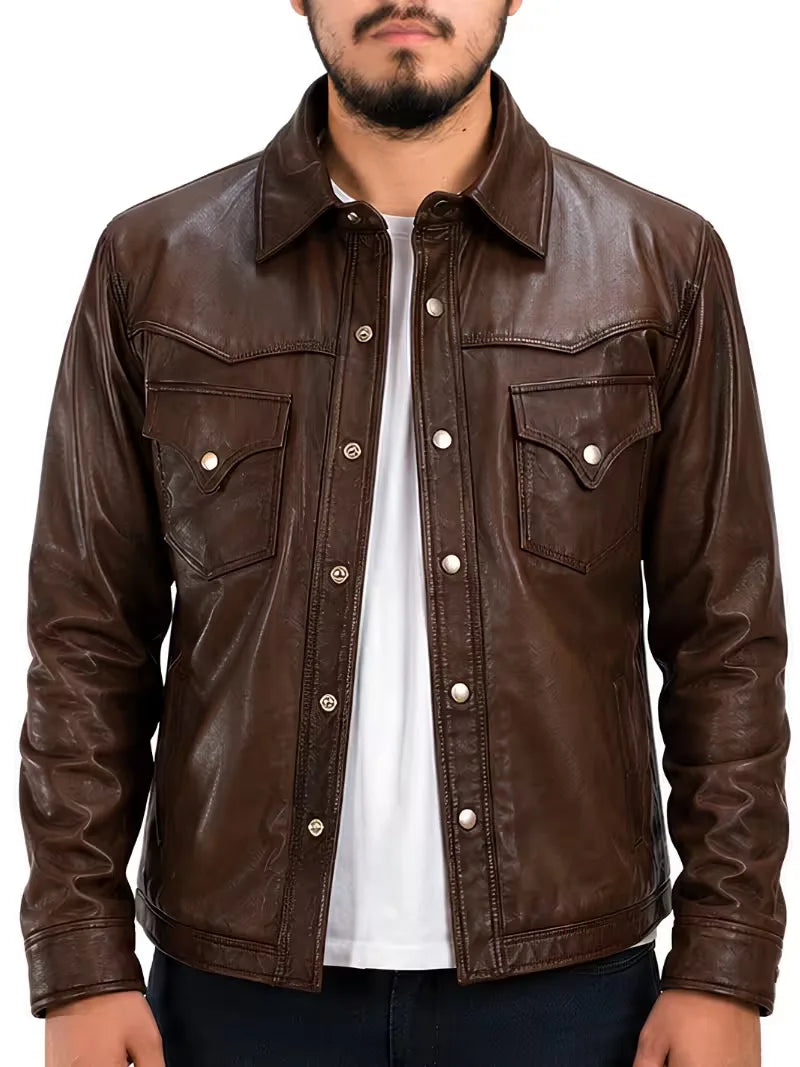 Men's black sheepskin leather shirt jacket, side view