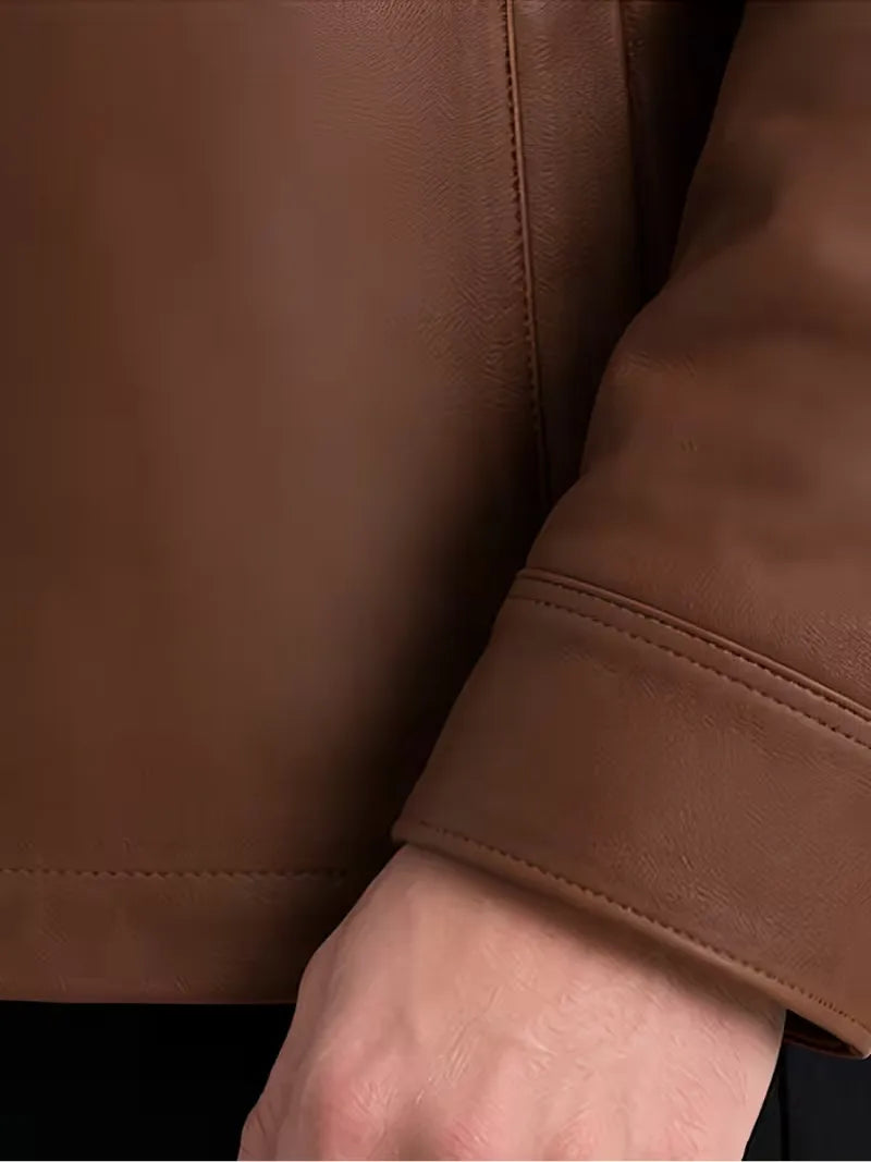 Men's black sheepskin leather shirt jacket, worn on model