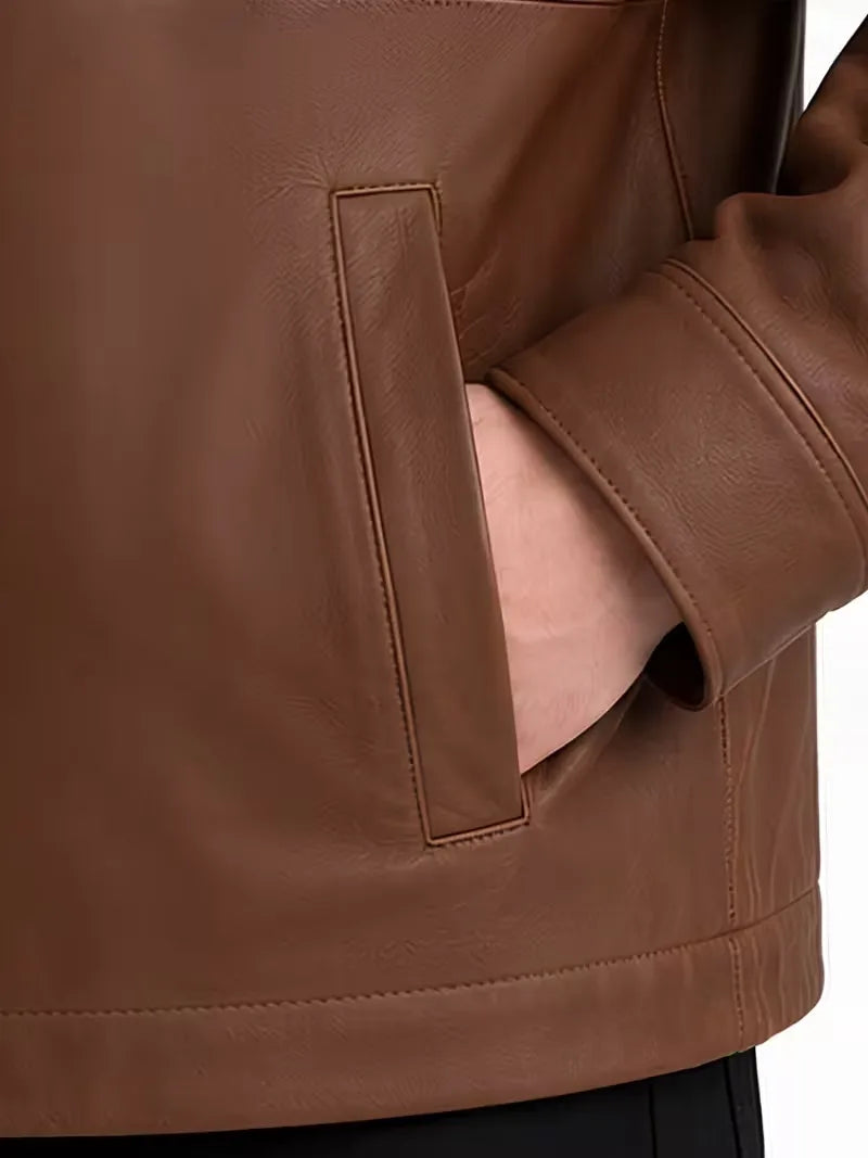Men's black sheepskin leather shirt jacket, front view