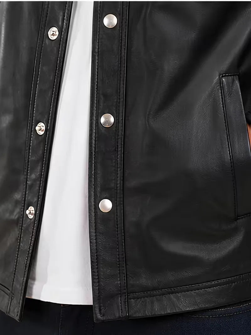 Men's black sheepskin leather shirt jacket, front view