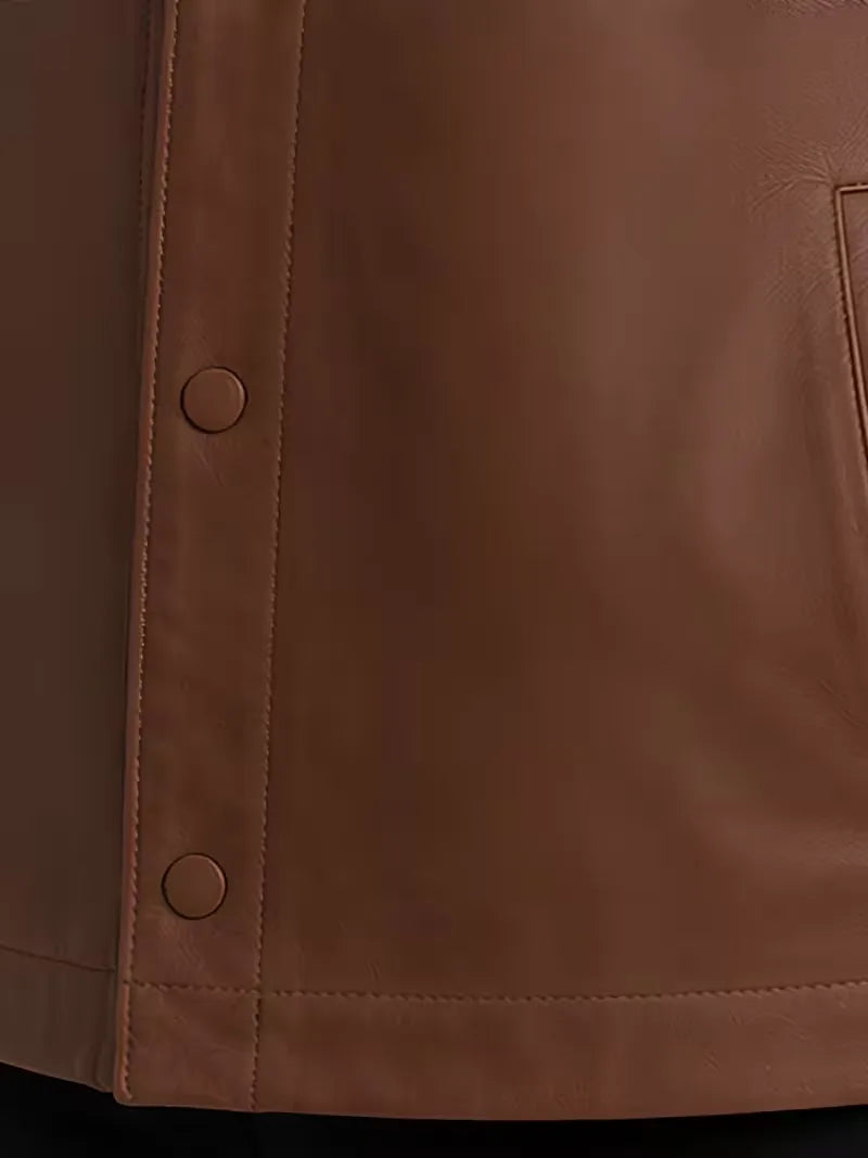 Men's black sheepskin leather shirt jacket, back view