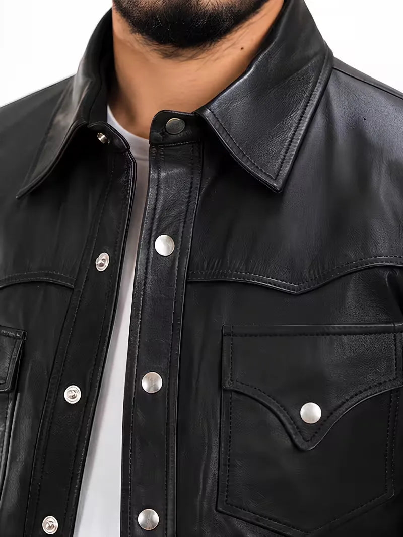 Men's black sheepskin leather shirt jacket, worn on model