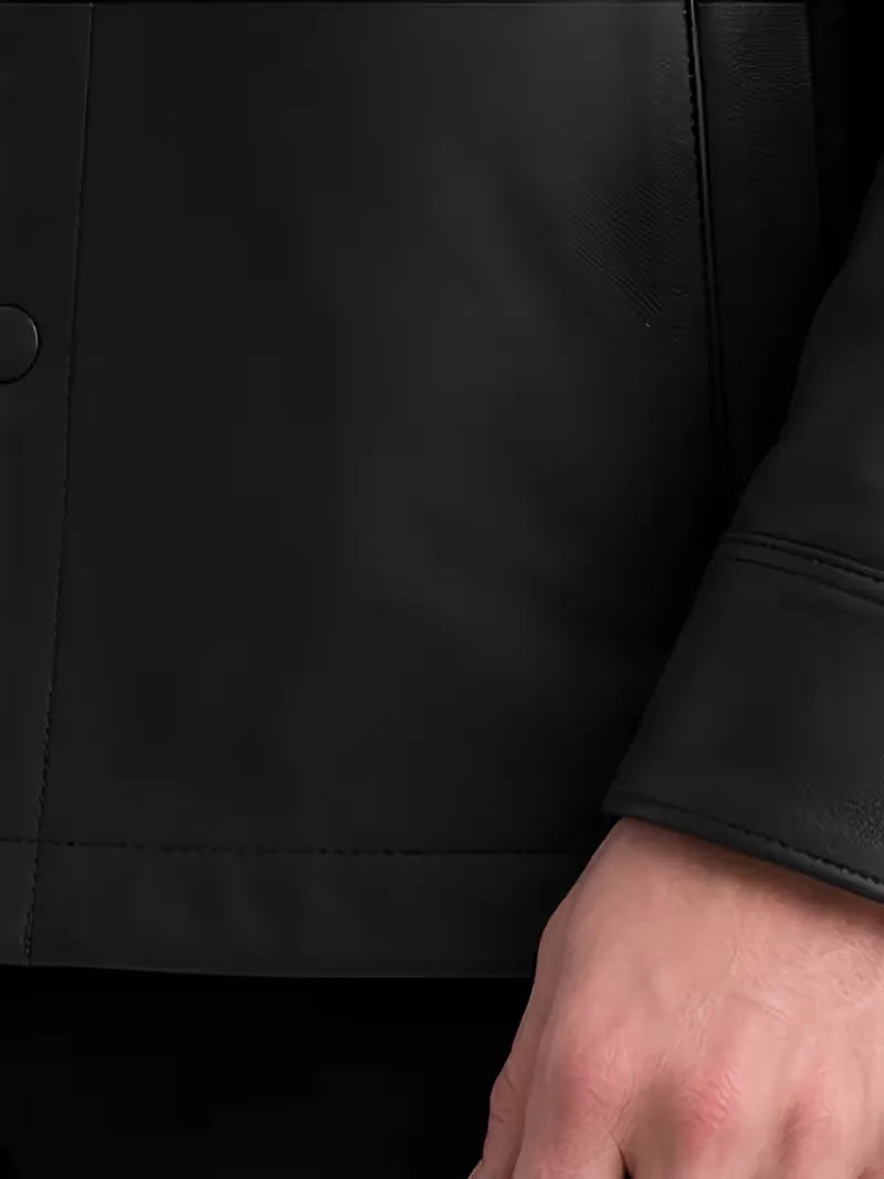 Men's black sheepskin leather shirt jacket, side view