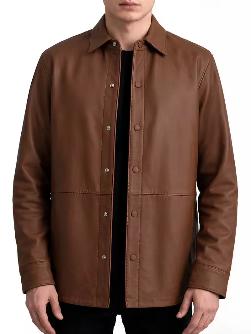 Men's black sheepskin leather shirt jacket, full length