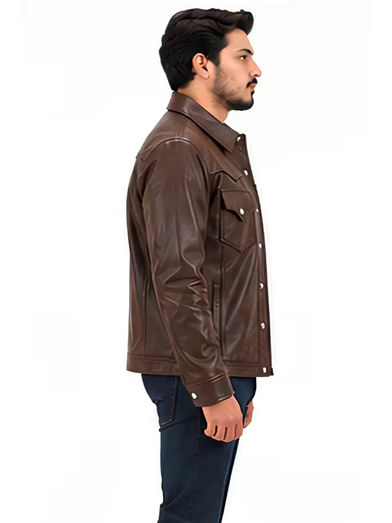 Men's black sheepskin leather shirt jacket, lining detail