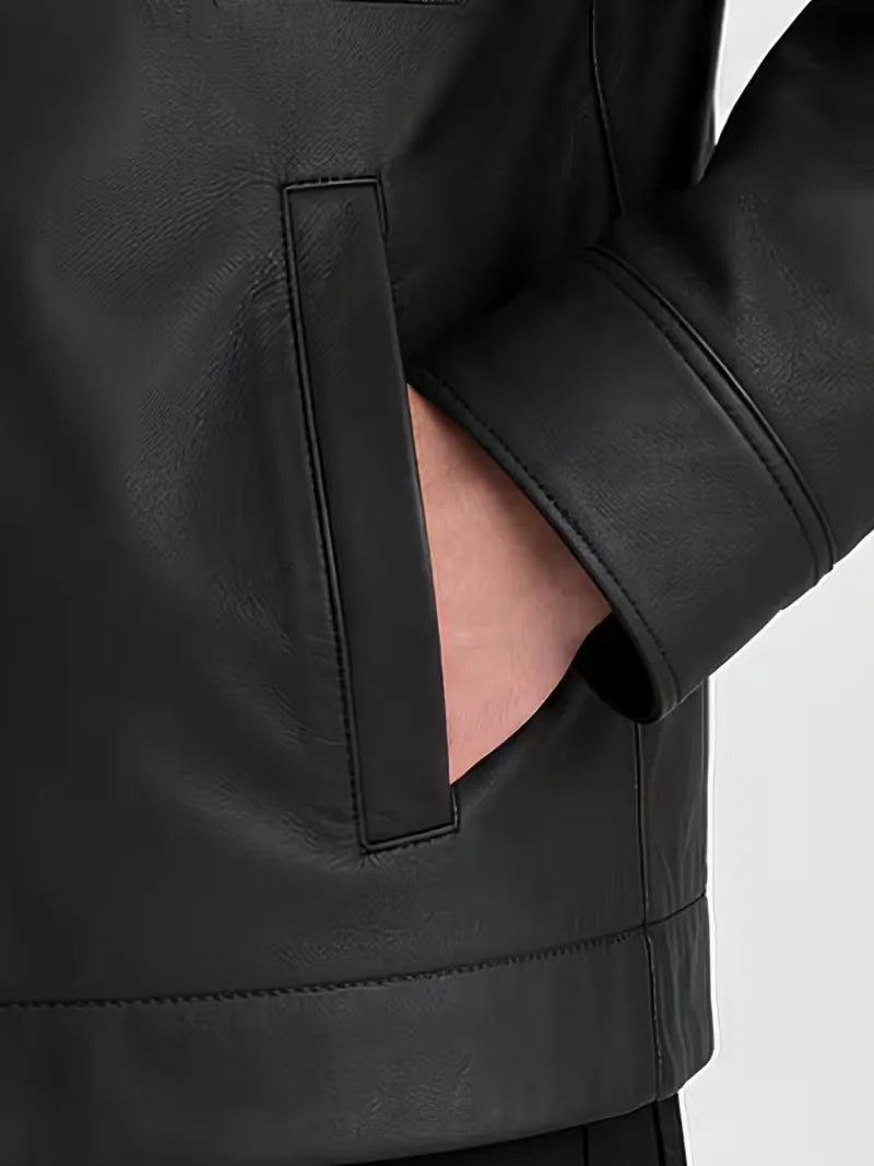 Men's black sheepskin leather shirt jacket, zip and closure detail