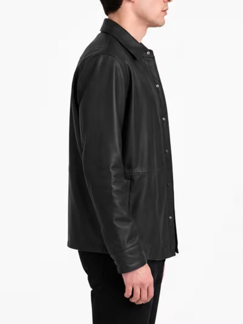 Men's black sheepskin leather shirt jacket, side view