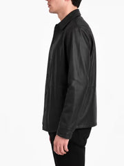 Men's black sheepskin leather shirt jacket, collar detail