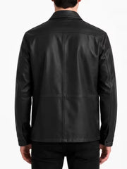 Men's black sheepskin leather shirt jacket, back view