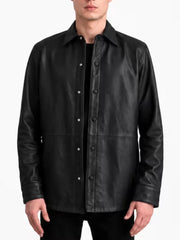 Men's black sheepskin leather shirt jacket, cuff detail