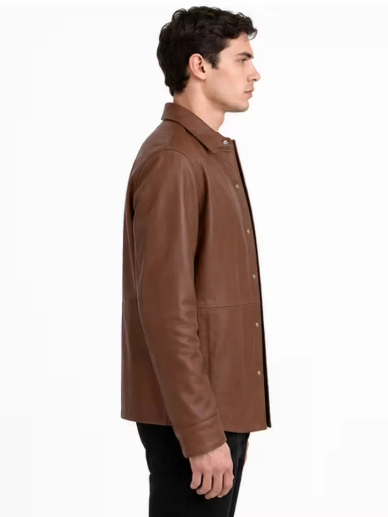 Men's black sheepskin leather shirt jacket, pocket detail