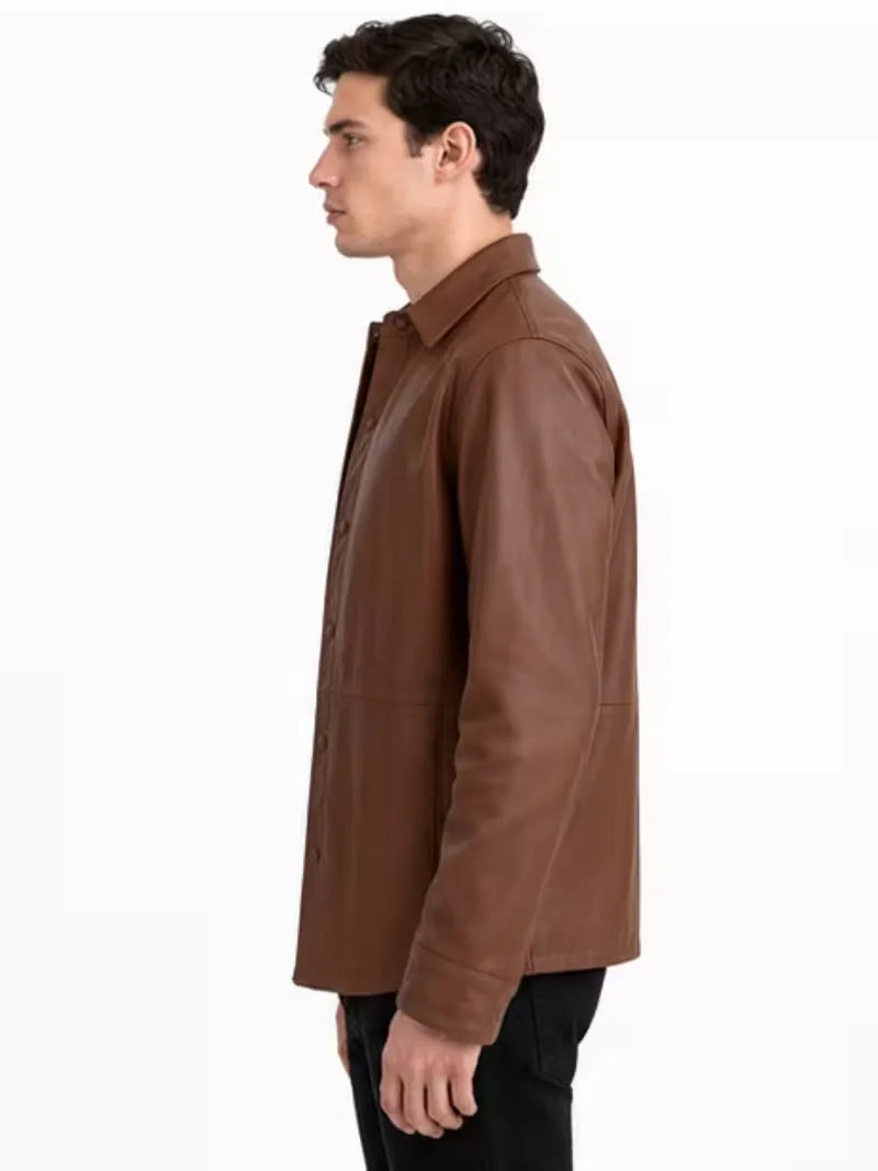 Men's black sheepskin leather shirt jacket, lining detail