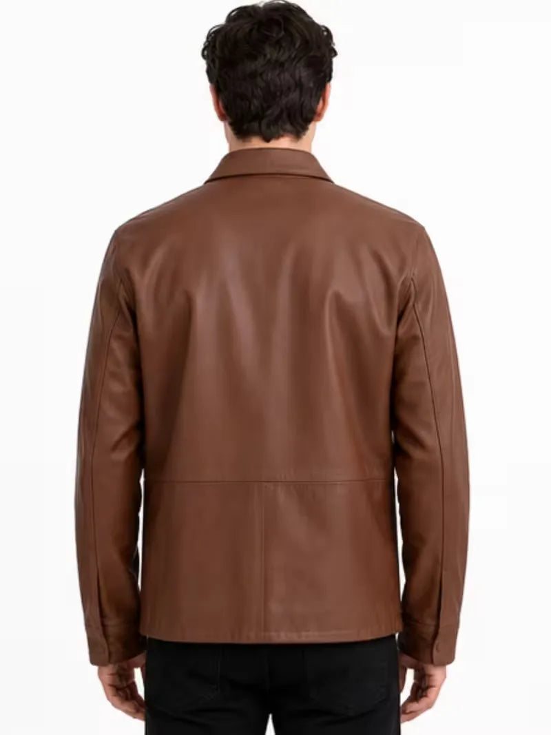 Men's black sheepskin leather shirt jacket, cuff detail