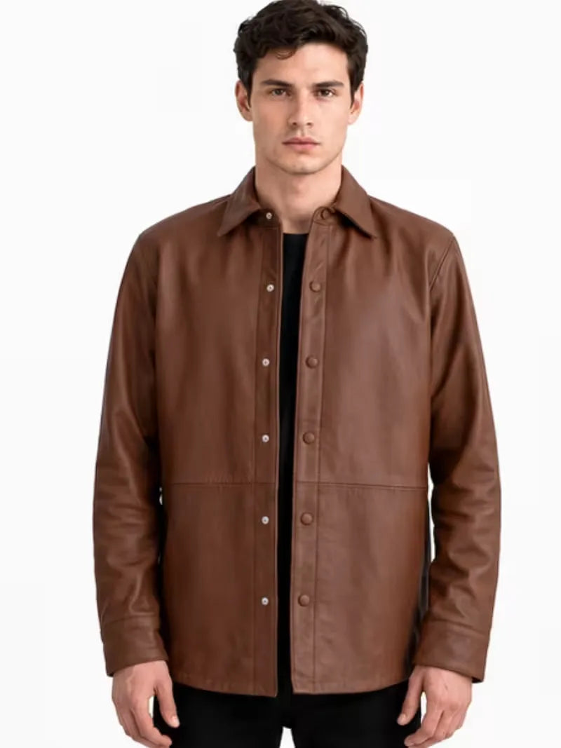 Men's black sheepskin leather shirt jacket, zip and closure detail
